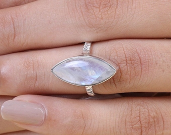 Natural Rainbow Moonstone Ring, 925 Sterling Silver Ring, Marquise Gemstone Ring, June Birthstone Ring, Handmade Jewellery, Ring For Women