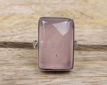 Rose Quartz Ring, 925 Sterling Silver Ring, Rectangular Ring, Handmade Silver Jewelry, January Birthstone, Women Ring, Pink Crystal Ring