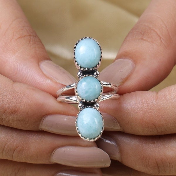 Anillo de larimar, anillo de plata de ley 925, anillo llamativo, anillo hecho a mano, joyería de piedras preciosas naturales, anillo para mujer, regalo para ella