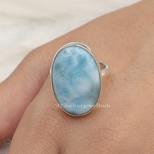 Natural Dominican Larimar Ring, 925 Sterling Silver Ring, Oval Gemstone Ring, Handmade Jewellery, Women Silver Ring, Wedding Gift For Her