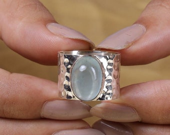 Natural Aquamarine Ring, 925 Sterling Silver Ring, March Birthstone, Oval Gemstone Ring, Handmade Ring, Wide Band Ring, Bohemian Jewellery