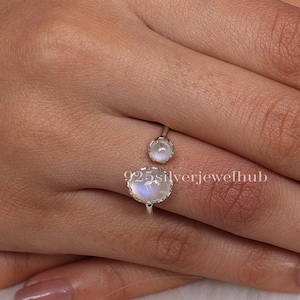 Rainbow Moonstone Ring, 925 Sterling Silver Ring, Bohemian Ring, Two Gemstone Ring, Adjustable Ring, Women Silver Jewellery, Handmade Ring