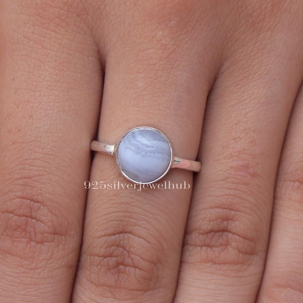 Anello in agata blu naturale, anello in argento sterling 925, anello con pietra portafortuna di maggio, anello rotondo, gioielli in argento da donna, regalo di Natale per lei