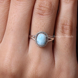 Natural Larimar Ring, 925 Sterling Silver Ring, Crystal Silver Ring, Boho Ring, Handmade Jewelry, Dainty Ring, Cabochon Ring, Gift For Her