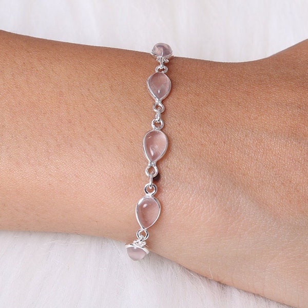 Bracelet quartz rose, bracelet en argent sterling 925, bracelet poires, pierre de naissance de janvier, bijoux en argent pour femme, bracelet fait main