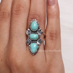 Anillo turquesa, anillo de plata esterlina maciza 925, anillo de triple piedra preciosa, anillo de plata hecho a mano, joyería para mujer, anillo bohemio, regalo de boda para ella