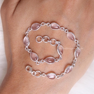 Rose Quartz Bracelet, 925 Sterling Silver Bracelet, Pear Gemstone Bracelet, January Birthstone, Women Silver Jewelry, Handmade Bracelet