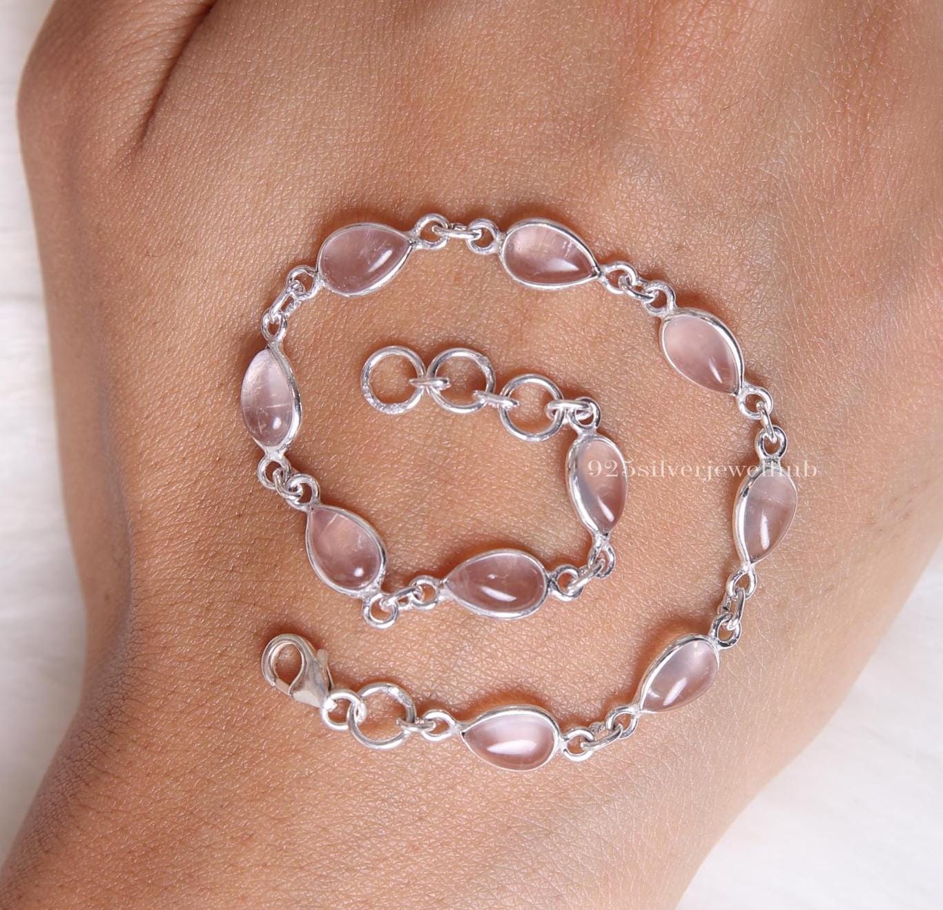 Rose Quartz Bracelet, 925 Sterling Silver Bracelet, Pear Gemstone Bracelet, January Birthstone, Women Silver Jewelry, Handmade Bracelet