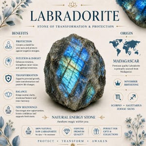 May include: An informational graphic about Labradorite featuring a raw, dark gray stone with a central iridescent blue and green flash. The text includes the title Labradorite, Stone of Transformation & Protection, benefits, and origin details.