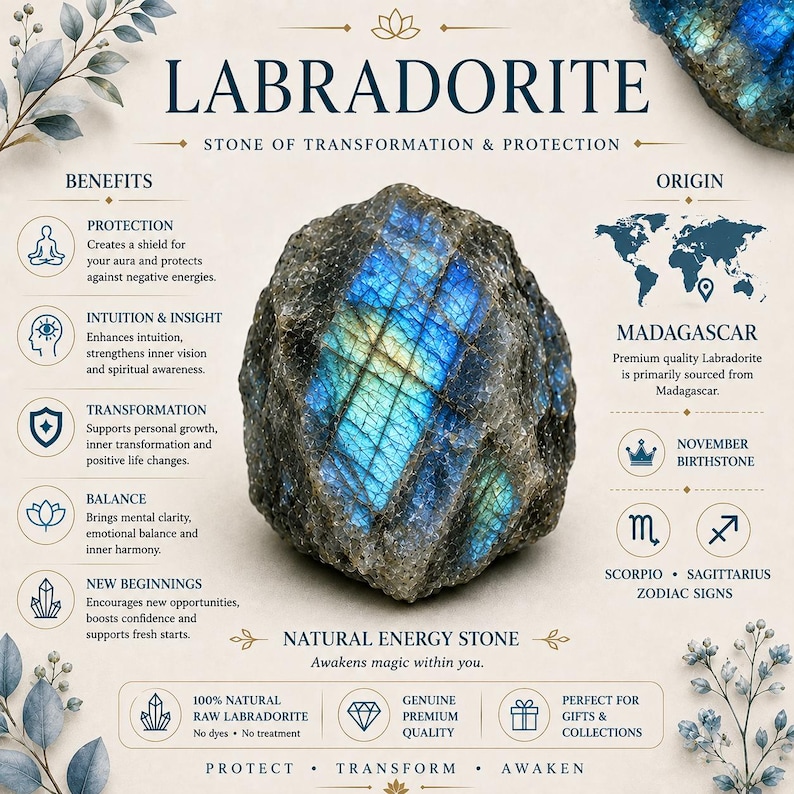May include: An informational graphic about Labradorite featuring a raw, dark gray stone with a central iridescent blue and green flash. The text includes the title Labradorite, Stone of Transformation & Protection, benefits, and origin details.
