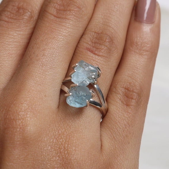 Raw Aquamarine Ring, 925 Sterling Silver Ring, Rough Gemstone Ring