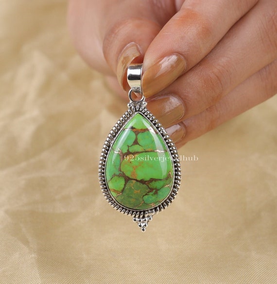 Green Copper Turquoise Pendant, 925 Sterling Silver Pendant, Teardrop Necklace, Green Gemstone Pendant, Bohemian Pendant, Necklace for Women
