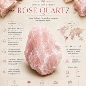 May include: A raw rose quartz crystal centered on an informational card titled Stone of Love & Healing Rose Quartz. The card details benefits like unconditional love, emotional healing, calm, and origin in Brazil, with Libra and Taurus zodiac signs.