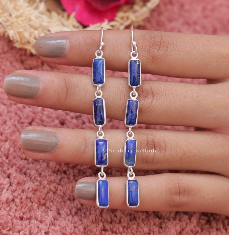 Lapis Lazuli örhängen, 925 sterlingsilverörhängen, hängande örhängen, ädelstensörhängen, silversmycken för kvinnor, jubileumspresent bild 1