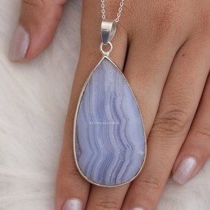 Blue Lace Agate Pendant, 925 Sterling Silver Pendant, Statement Necklace, Halloween Jewellery, Handmade Silver Pendant, Birthday Gift