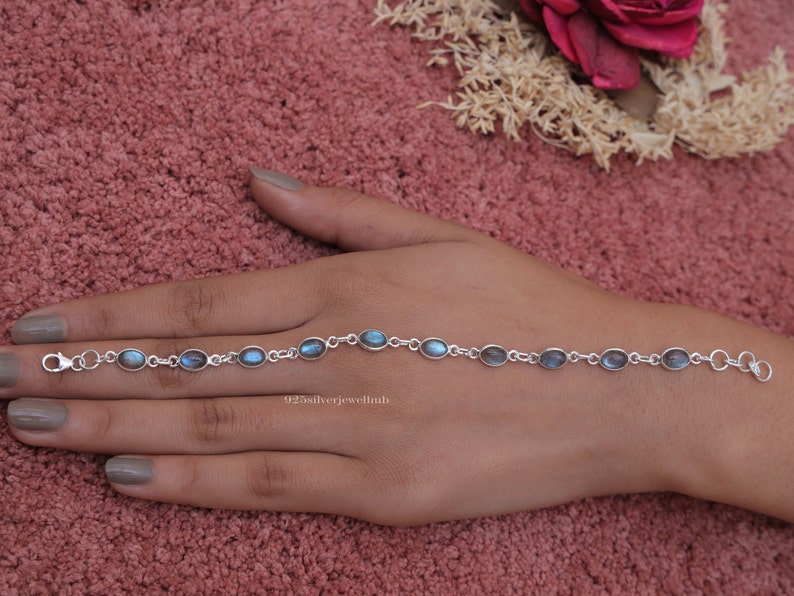 May include: A sterling silver chain bracelet featuring a series of oval-shaped labradorite gemstones with blue iridescence. The bracelet is constructed with small circular links connecting each stone setting and includes a lobster claw clasp closure.