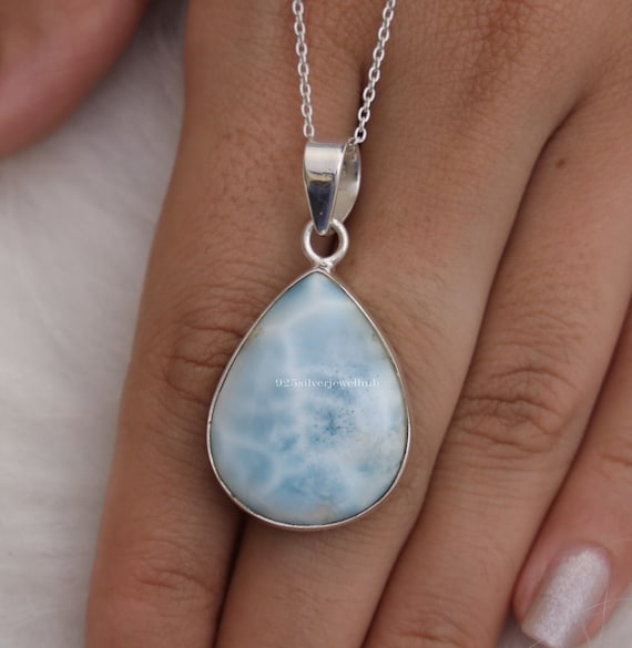 Pendentif En Argent 925 Avec Pierre Larimar Naturel De République Dominicaine - Fait Main - Neuf Sans Boîte