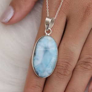 Natural Dominican Larimar Pendant, 925 Sterling Silver Necklace, Cabochon Pendant, Gemstone Jewellery, Handmade Pendant, Birthday Gift