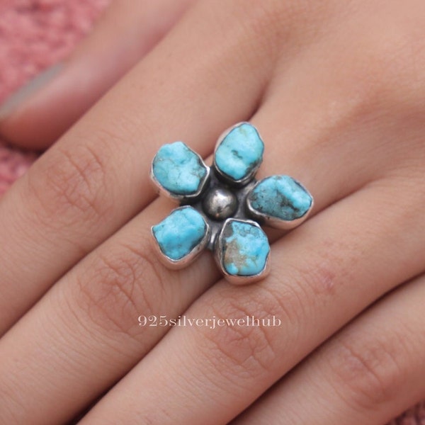 Anillo de turquesa de Arizona en bruto, anillo de plata de ley 925, anillo bohemio, anillo de plata con piedras preciosas, joyería hecha a mano, regalo de cumpleaños para ella