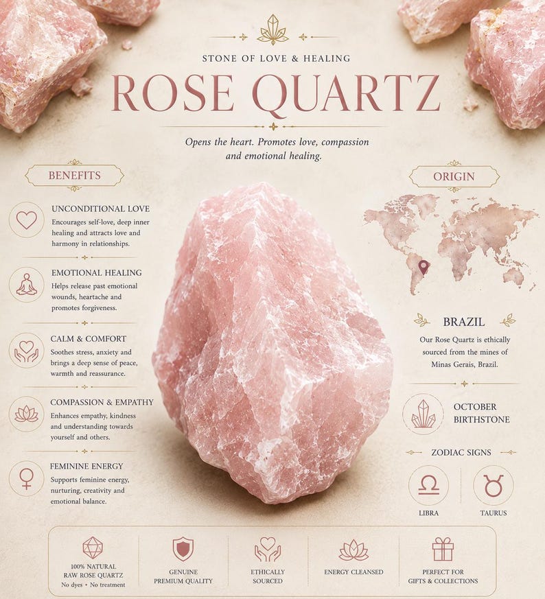 May include: A raw rose quartz crystal centered on an informational card titled Stone of Love & Healing Rose Quartz. The card details benefits like unconditional love, emotional healing, calm, and origin in Brazil, with Libra and Taurus zodiac signs.
