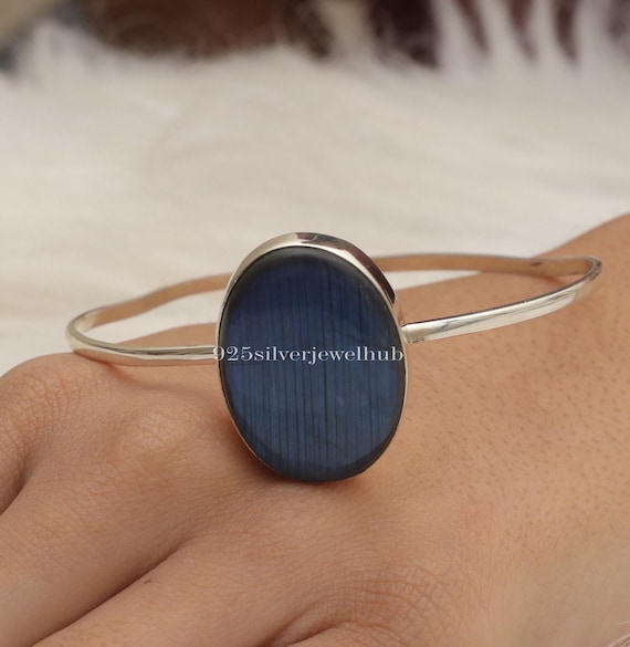 Bracelet Manchette En Argent 925 Et Pierre De Lune - Fait Main En Inde, Réglable