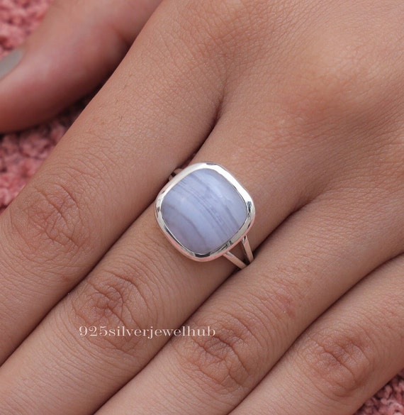 Blue Lace Agate Ring, 925 Sterling Silver Ring, Cushion Gemstone Ring, Handmade Ring, Bohemian Ring, Agate Silver Jewellery, Gift For Her