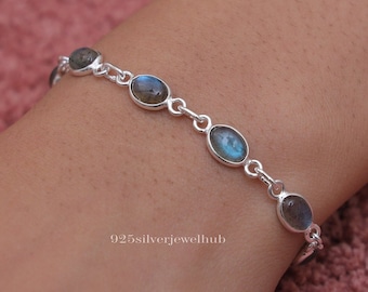 Labradorite Bracelet, 925 Sterling Silver Bracelet, Oval Gemstone Bracelet, Women Silver Bracelet, Cabochon Jewellery, Handmade Bracelet