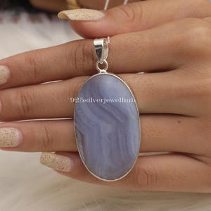 Blue Lace Agate Pendant, 925 Sterling Silver Pendant, Oval Gemstone Necklace, Boho Handmade Pendant, Agate Silver Jewellery, Gift For Her