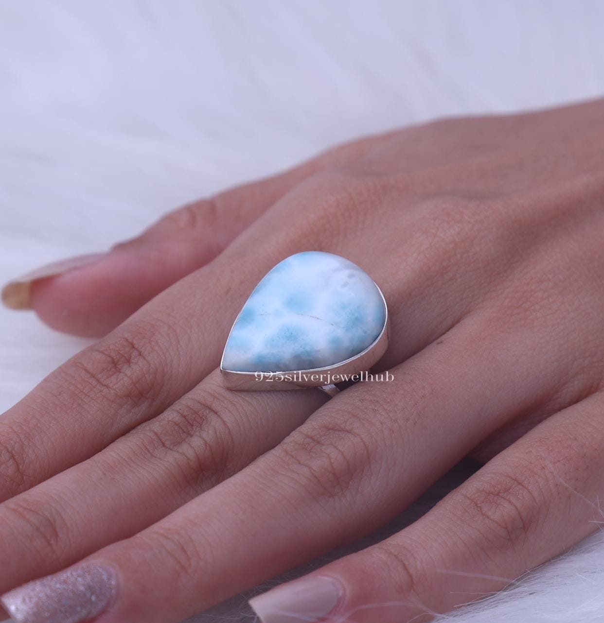 ドミニカ産ラリマーリング、925スターリングシルバーリング、ペアー