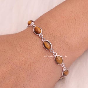 Tiger Eye Bracelet, 925 Sterling Silver Bracelet, June Birthstone Bracelet, Oval Gemstone Bracelet, Women Silver Jewellery, Gift For Her