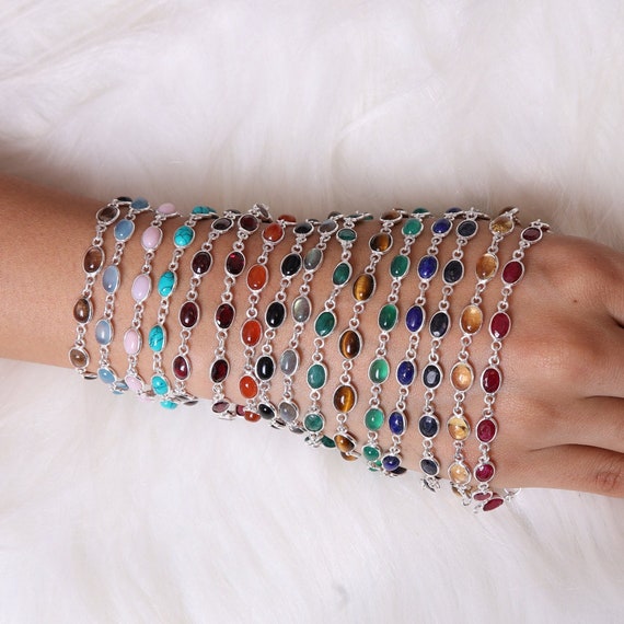 Braccialetto con perle di pietra naturale, da donna, 1 pezzo di pietre vere colorate, regolabile, in corda intrecciata, ideale come regalo di compleanno e anniversario, Pietra