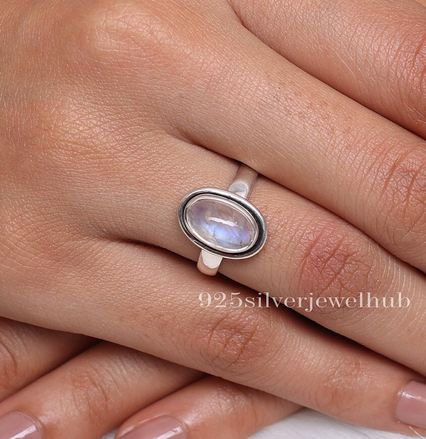 レインボームーンストーンリング、925スターリングシルバーリング