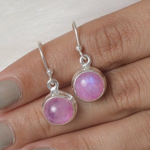 Rosa Regenbogen Mondstein Ohrringe, 925 Sterling Silber Ohrringe, Juni Birthstone Ohrringe, runder Edelstein Schmuck, Geburtstagsgeschenk für sie