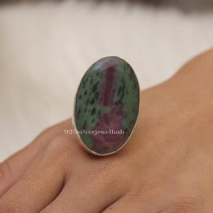 Anillo de rubí y zoisita, plata de ley 925, ovalado, llamativo, bohemio, joya de plata para mujer, regalo de cumpleaños.