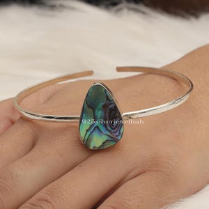 Abalone Shell Cuff Bracelet, 925 Sterling Silver Bangle, Pear Shaped Cuff, Minimalist Gemstone Bangle, Halloween Jewellery, Gift For Her