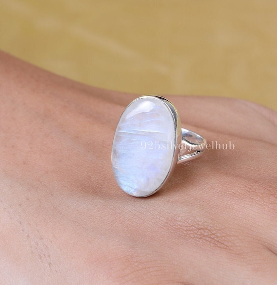 Sterling Silver Large Oval Rainbow Moonstone Ring Sterling Silver Large Oval Rainbow Moonstone Ring