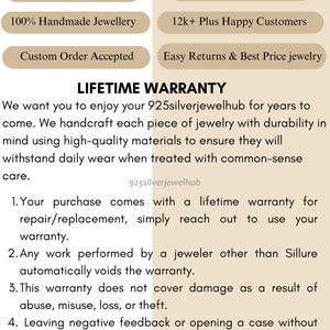 May include: An informational graphic titled WHY CHOOSE US? and LIFETIME WARRANTY. It lists features like 925 Sterling Silver, 100% Natural Gemstones, 100% Handmade Jewellery, 12k+ Happy Customers, Custom Order Accepted, and Easy Returns & Best Price jewelry.