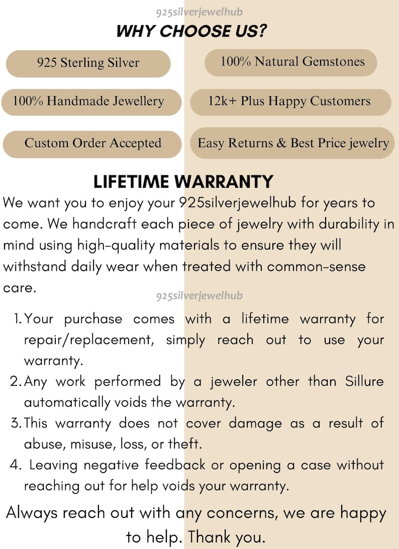 May include: An informational graphic titled WHY CHOOSE US? and LIFETIME WARRANTY. It lists features like 925 Sterling Silver, 100% Natural Gemstones, 100% Handmade Jewellery, 12k+ Happy Customers, Custom Order Accepted, and Easy Returns & Best Price jewelry.