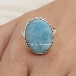 Dominican Larimar Ring, 925 Sterling Silver Ring, Oval Gemstone Ring, Handmade Jewellery, Women Silver Ring, Hippie Ring, Christmas Gift