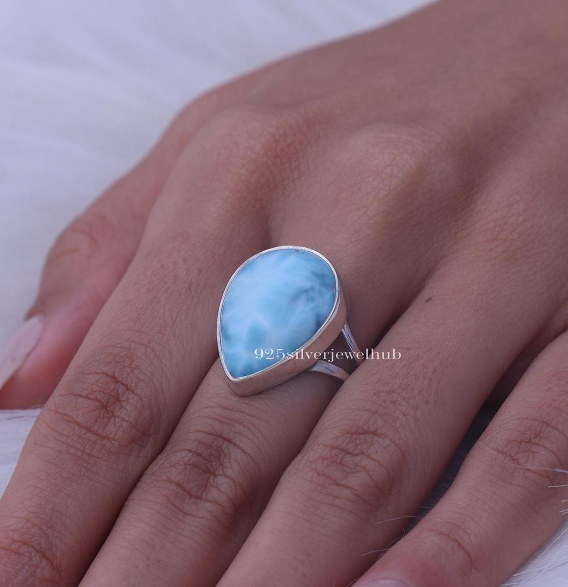 天然ドミニカ産ラリマーリング、925スターリングシルバーリング、ペア