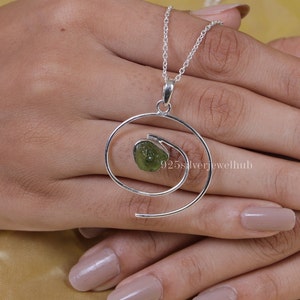 Raw Peridot Pendant, 925 Sterling Silver Necklace, Gemstone Pendant, Handmade Jewelry, Women Necklace, Spiral Shaped Pendant, Boho Necklace