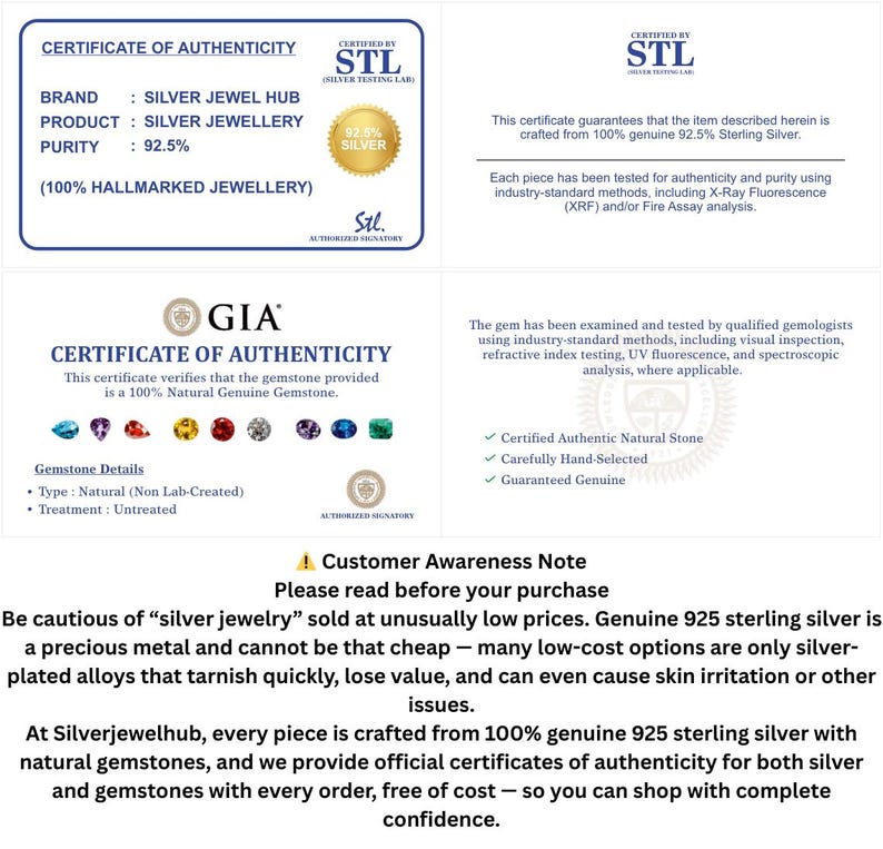May include: A white certificate of authenticity document featuring blue text and borders. It includes a Silver Jewel Hub logo, STL certification details for 92.5% silver, a GIA gemstone verification section with colorful stone icons, and a customer awareness note.