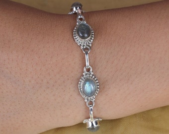 Labradorit Armband, 925 Sterling Silber Armband, natürliche Edelstein Armband, blaue Kristall Armband, handgemachter Schmuck, Statement Armband
