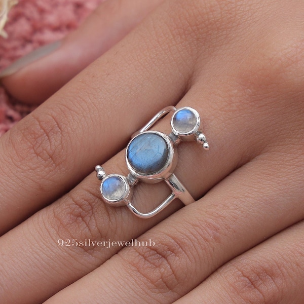 Labradorite & Rainbow Moonstone Ring, 925 Sterling Silver Ring, Boho Handmade Ring, Round Gemstone Ring, Every Day Jewellery, Gift For Her