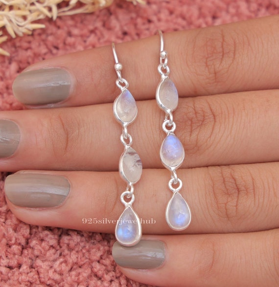 Boucles D'oreilles Pendantes Pierre De Lune Arc-en-ciel - Argent Sterling 925 - Fait Main