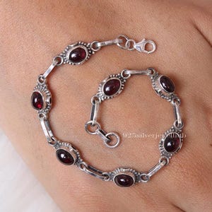 Garnet Bracelet, 925 Sterling Silver Bracelet, Gemstone Bracelet, January Birthstone Bracelet, Handmade Silver Bracelet, Cabochon Jewelry
