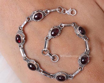 Granaatarmband, 925 sterlingzilveren armband, edelsteenarmband, januari-geboortesteenarmband, handgemaakte zilveren armband, cabochon-sieraden