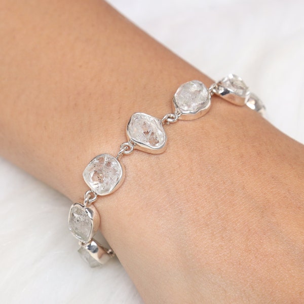 Raw Herkimer Diamond Bracelet, 925 Sterling Silver Bracelet, Rough Gemstone Bracelet, Handmade Silver Bracelet, Herkimer Diamond Jewelry