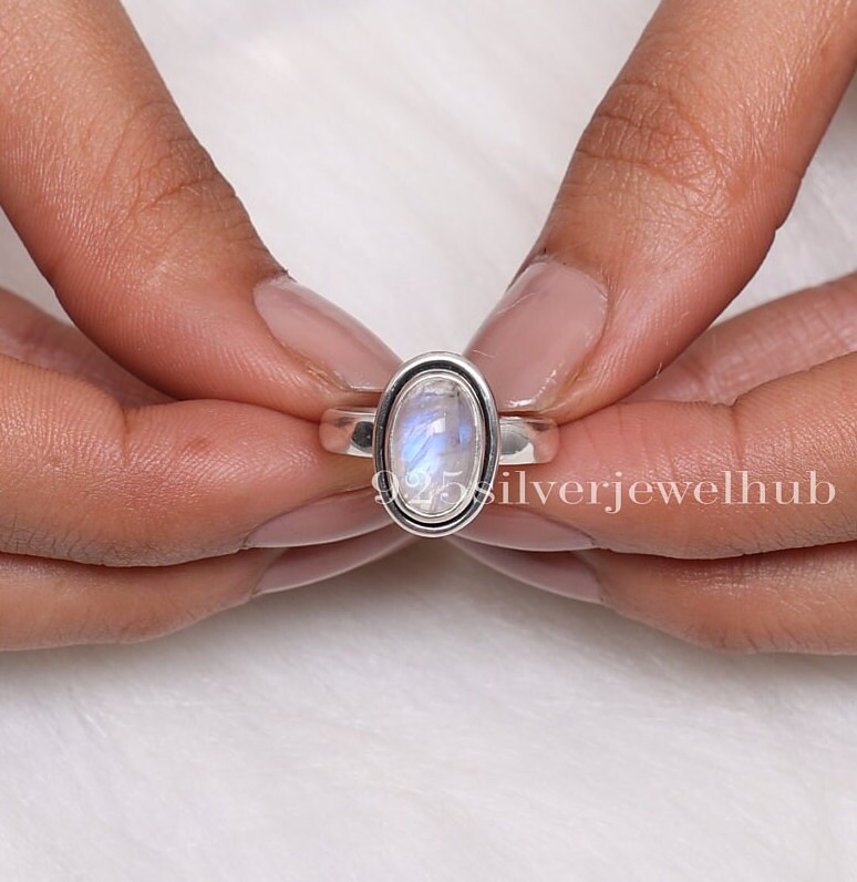 レインボームーンストーンリング、925スターリングシルバーリング