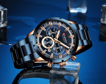 CURREN Reloj deportivo casual para hombres Reloj de pulsera militar de lujo de primeras marcas Reloj de pulsera Cronógrafo de moda Hombre elegante 8355 Acero azul